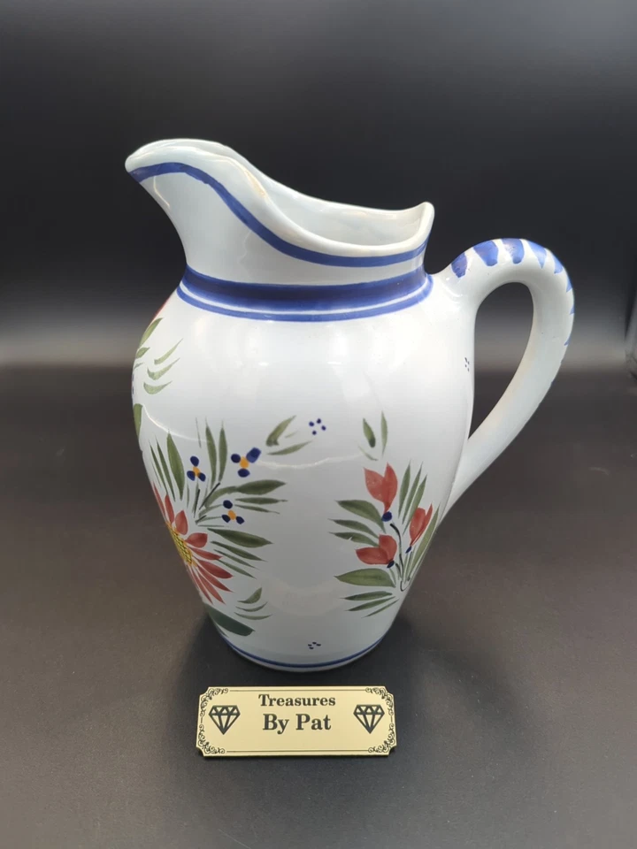 Quimper 8.5" Pitcher Hand Painted And Signed Blue White Red Green Floral Decor - Image 1 of 4