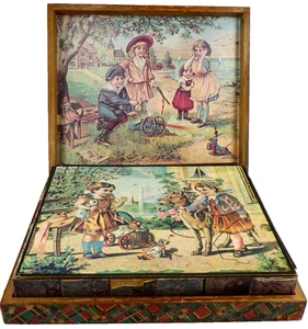 Toy Blocks Wood 6 Pictures Children Playing in OB Lithograph Victorian Antique - Picture 1 of 16