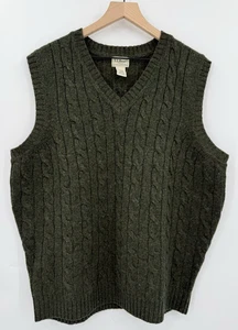 LL Bean Vest Mens Large TALL Green 100% Wool Shetland Cable Knit Warm - Picture 1 of 6