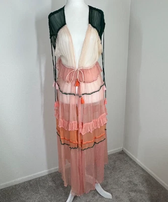 NFC Mujer Kimono Plumero Capri Color Bloque Talla M/L PInk Verde Borlas Foto 1 de 4