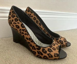 Clarks Brown Black Leopard Animal Ponyskin 8cm Wedge Heel Peeptoe Shoes UK 5 VGC - Picture 1 of 10