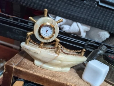 Handmade Natural Onyx marble stone Ship Table Clock, Home Décor, Missing Sail - Image 1 of 3