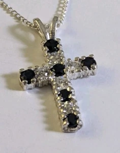 Sterling Silver Cross Pendant Necklace Black And Clear Gemstone 19" Gift Box - Picture 1 of 10
