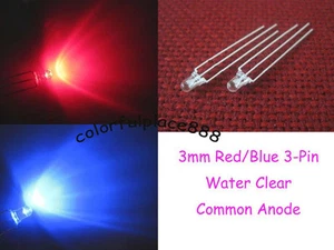 50 Stck. 3 mm Dual Bi-Color Rot/Blau 3-Pin Wasser Klar Hell LED Gemeinsame Anode LEDs  - Bild 1 von 1