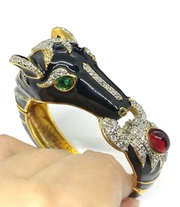 Vintage Rare Black Enamel Multistone Horse Head Equestrian Bangle Bracelet Sz6.5 - Picture 1 of 12