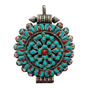 925 Sterlingsilber Tibetische Ghau Box Amulett Anhänger Nepal Koralle Türkis Stein - Bild 1 von 4
