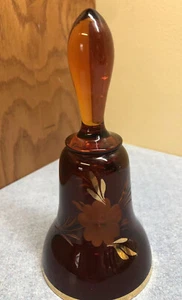 Egermann Czechoslovakia Amber Cut to Clear Etched Crystal Bell w/ Gold Trim 6.5" - Picture 1 of 6