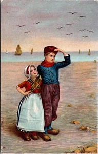 Two Dutch Children at the Seashore Postcard - Picture 1 of 2