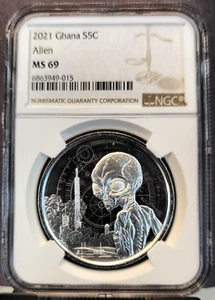 2021 REPUBLIC OF GHANA SILVER 5 CEDIS ALIEN NGC MS 69 AWESOME TOP POP - Picture 1 of 3