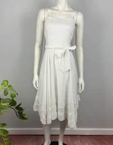 Dotti Size 10 A Line Dress White Belted Lined Midi Length Spot Lace Hem Women - Picture 1 of 13