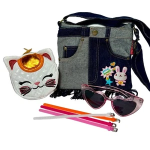 Lot of Girl’s Papupi Denim Purse,  Cat Face Bag, Sunglasses, Bracelets - Picture 1 of 9