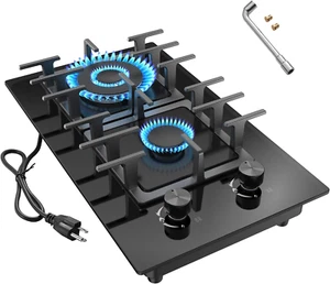 2 Burner Gas Stove Propane Cooktop, Tempered Glass Gas Cooktop 12 Inch Stainless - Picture 1 of 9