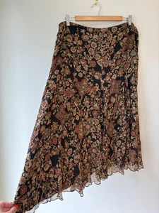 Vintage 90s Y2K 100% Silk Floral Red Gold Green Whimsigoth Fairycore Skirt XL - Picture 1 of 8