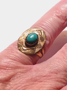 Anillo Turquesa Concho Nativo Navajo Vintage 14K Sobre Plata Esterlina Talla 7.5 - Imagen 1 de 4