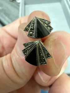 Vintage Schwarz Stein Geometrisch 925 Sterling Silber Retro Charm Ohrringe 6607 - Bild 1 von 2