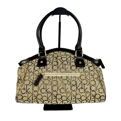 Calvin Klein Leather Handbag Signature Canvas Satchel Tote Purse Brass Hardware - Image 1 of 4