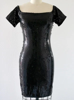Dress Vintage Cocktail Sequin 80s 90s Womens Prom Black Formal Bodycon Sz XS - Image 1 of 4