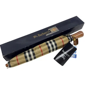 RARE BURBERRY Folding Umbrella Nova Check Beige Carbon Fiber Frame Vintage w/box - Picture 1 of 9