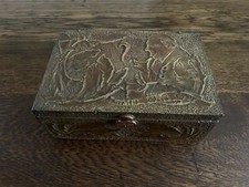 Antique Brass Repousse Jewelry Trinket Box Man Smoking Cigar Dec. 25 1910