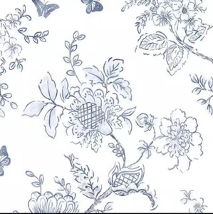 FH37539 Blue on White Butterfly Toile Wallpaper - Picture 1 of 4