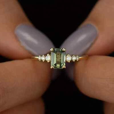 Ethereal 1.12CT Green & White Lab-Grown Diamond 10K Yellow Gold Engagement Ring - Image 1 of 4