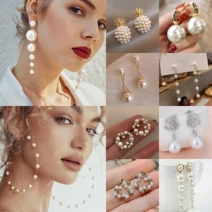 Charm Pearl Crystal Ear Stud Earrings Drop Dangle Women Wedding Jewelry Gift New - Picture 1 of 157