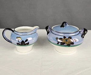 Antique Nippon Porcelain Sugar Bowl & Creamer Blue Floral with Opal Bottom - Picture 1 of 12