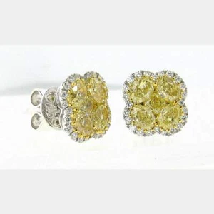 2.44CT.Fancy Yellow Oval and Round Shape Diamond 18K Gold Halo Stud Earrings. - Picture 1 of 5