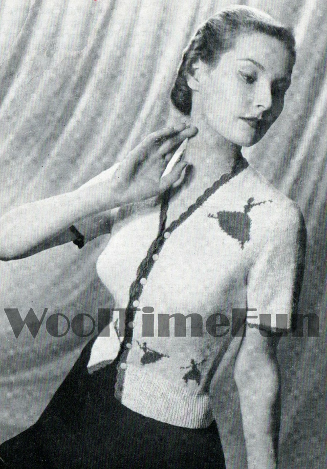Knitting Pattern Ladies Vintage 1940s Ballerina Motif Sweater/Cardigan. - Image 1 of 1