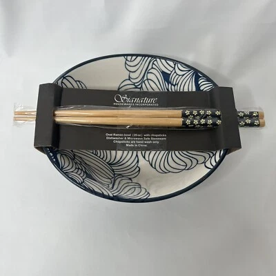 Cuenco de gres ovalado azul para fideos ramen con palillos 20 oz artículos para el hogar exclusivos Foto 1 de 4