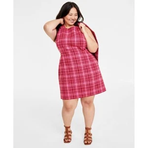 NWT On 34th Plus Size Tweed Mini Sheath Dress Pink Plaid 14W - Picture 1 of 10