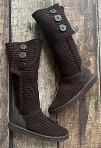 UGG AUSTRALIA CLASSIC CARDY TALL KNIT 3 BUTTON BOOTS BROWN WOMENS SIZE 6 EUC - Picture 1 of 9