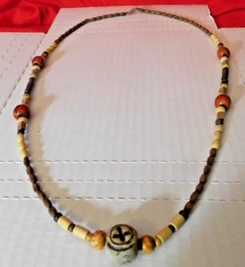 Handmade Wood Beaded Necklace with a Stone Pendant, 30" - Picture 1 of 9