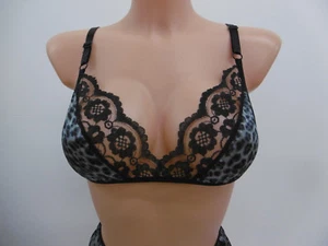 Soft unstructured no wire SATIN & lace BRA French lingerie GRAY LEOPARD BLACK - Picture 1 of 1