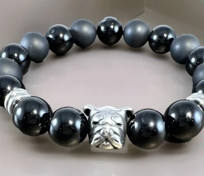 Pulsera hombre 10mm. Piedras mixtas de ónix negro + Bulldog de acero inoxidable Foto 1 de 2
