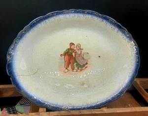 VINTAGE FLOW BLUE 13" platter DUTCH KIDS children INTERIOR MOTIF Poor condition - Picture 1 of 13
