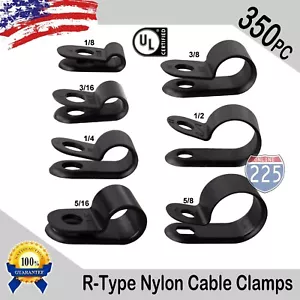 50 EACH 1/8 3/16 1/4 5/16 3/8 1/2 5/8 INCH BLACK NYLON R-TYPE CABLE CLAMPS 350pc - Picture 1 of 5
