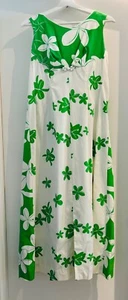 Vtg. Sz 8=XS, Hawaiian Togs Maxi Dress Muu Muu Train Green/ White Hibiscus - Picture 1 of 16