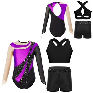 Kids Girls Dancewear Class Bodysuit Practice Outfit Rhinestones Dance Ballet - Picture 1 of 74