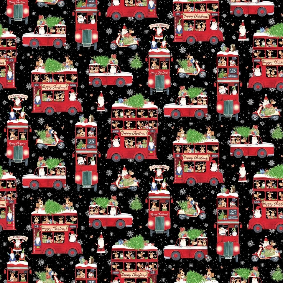 Double Decker Christmas Fabric - Bus & Truck Scene Black - Northcott YARD - Image 1 of 1