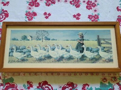 Arte de pared vintage de niña con impresión enmarcada de gansos 21" X 9" casa de campo granja galería Foto 1 de 4