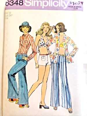 Pants Bell Bottom Bra Top 12 Simplicity 6348 Sewing Pattern  VTG Hippie Shorts - Image 1 of 4