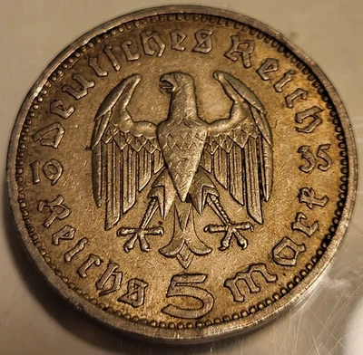 1935 A Germany 5 Reichsmark - Paul von Hindenburg - .900 Silver! Great Tone! - Image 1 of 2