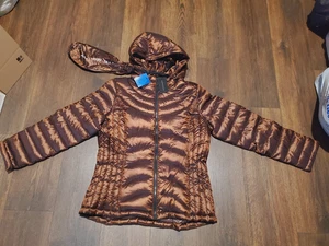 New Andrew Marc Packable lightweight premium Down jacket womens L brown metallic - Picture 1 of 5