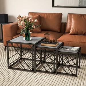 Set of 3 Nesting Coffee Tables Square Side Tables with Metal Frame, Grey - Picture 1 of 11