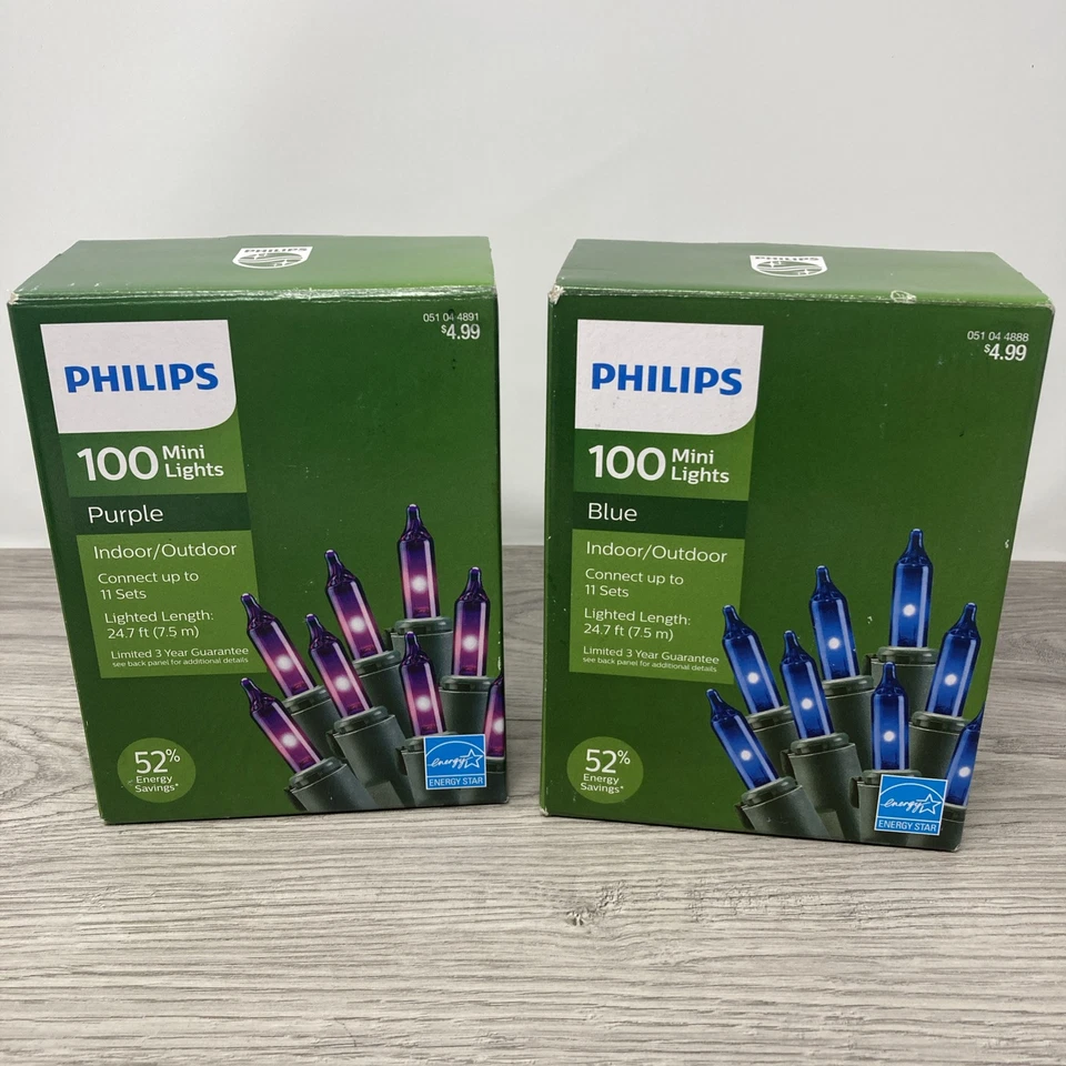 Philips púrpura y azul 100 mini luces cable verde 24,7 pies interior exterior 2 cajas Foto 1 de 4