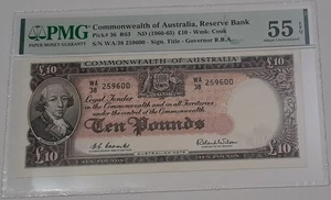 Billete de 10 libras del Banco de Reserva de Australia 1960-65 SN# WA38 259600 PMG 55 EPQ - Imagen 1 de 4