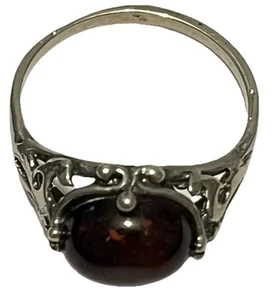 Vintage dunkeloranger Bernstein Ring rund Cabochon verziert filigran Sterlingsilber Größe 7 - Bild 1 von 7