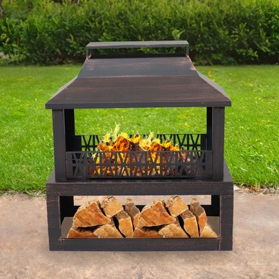 32 in Steel Outdoor Fireplace with Log Storage - Brushed Bronze by Sunnydaze - Image 1 of 4