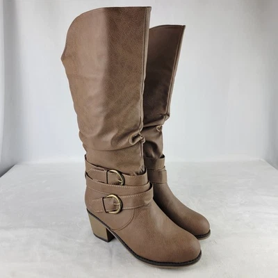 Botas hasta la rodilla holgadas color topo para mujer detalle de hebilla tacón apilado WD-LATE talla 7 Foto 1 de 4
